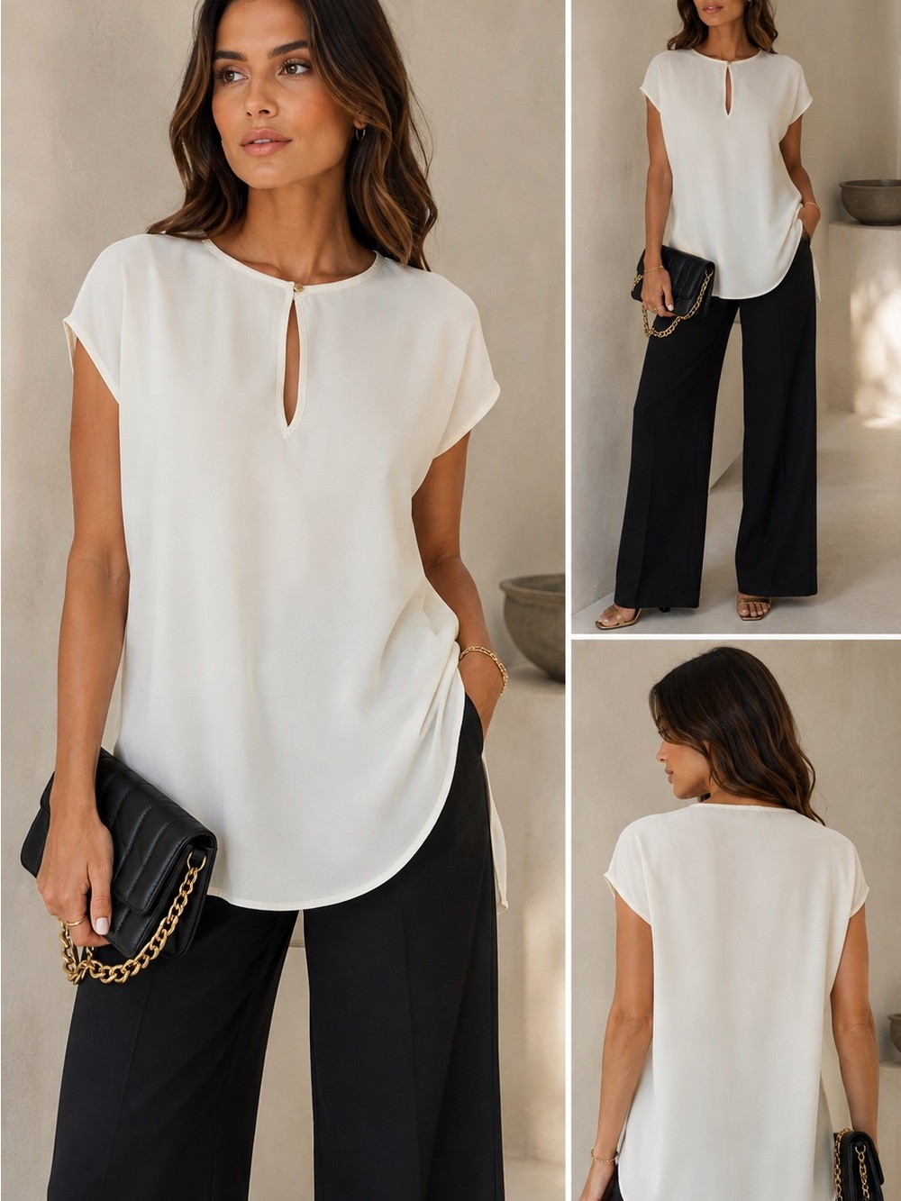 Zara Cream Cap-Sleeve Keyhole Blouse